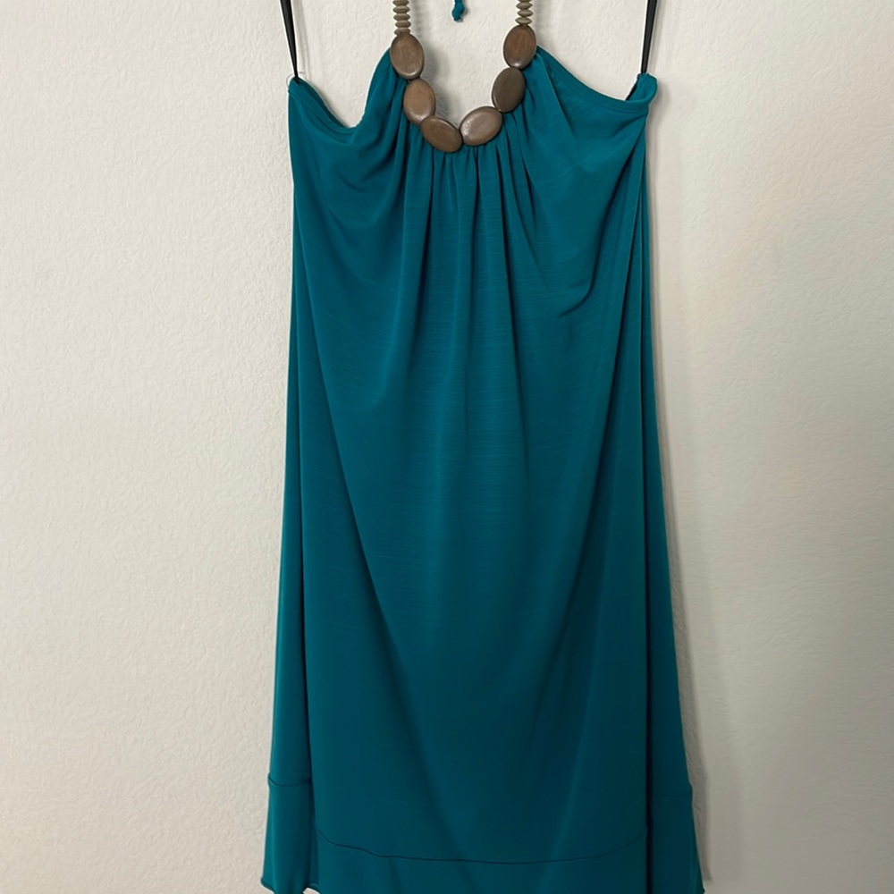 Teal dress with wooden bead neckline